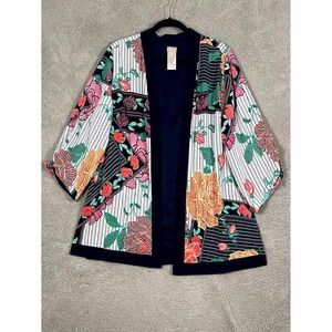 Chico's Kimono Jacket Womens 2 Floral Striped Open Front Tie Sleeve Party Resort
